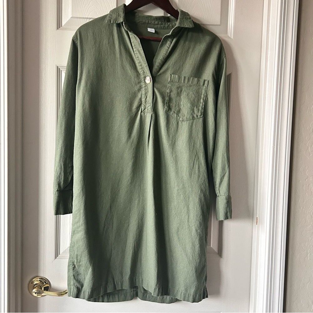 Lagenlook Linen Blend Minimalist Olive Green Shirt Dress, Size Small Fall Autumn